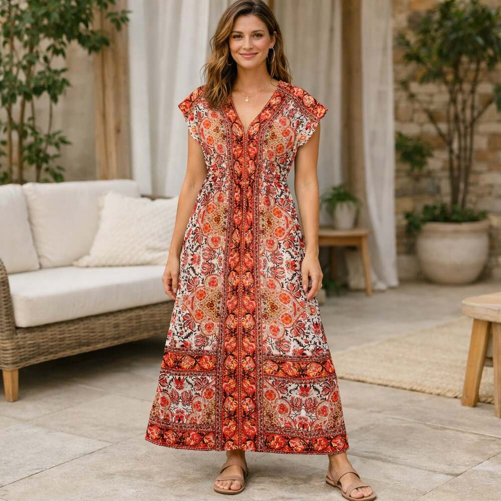 Lucky Brand Red Orange Floral Maxi Dress